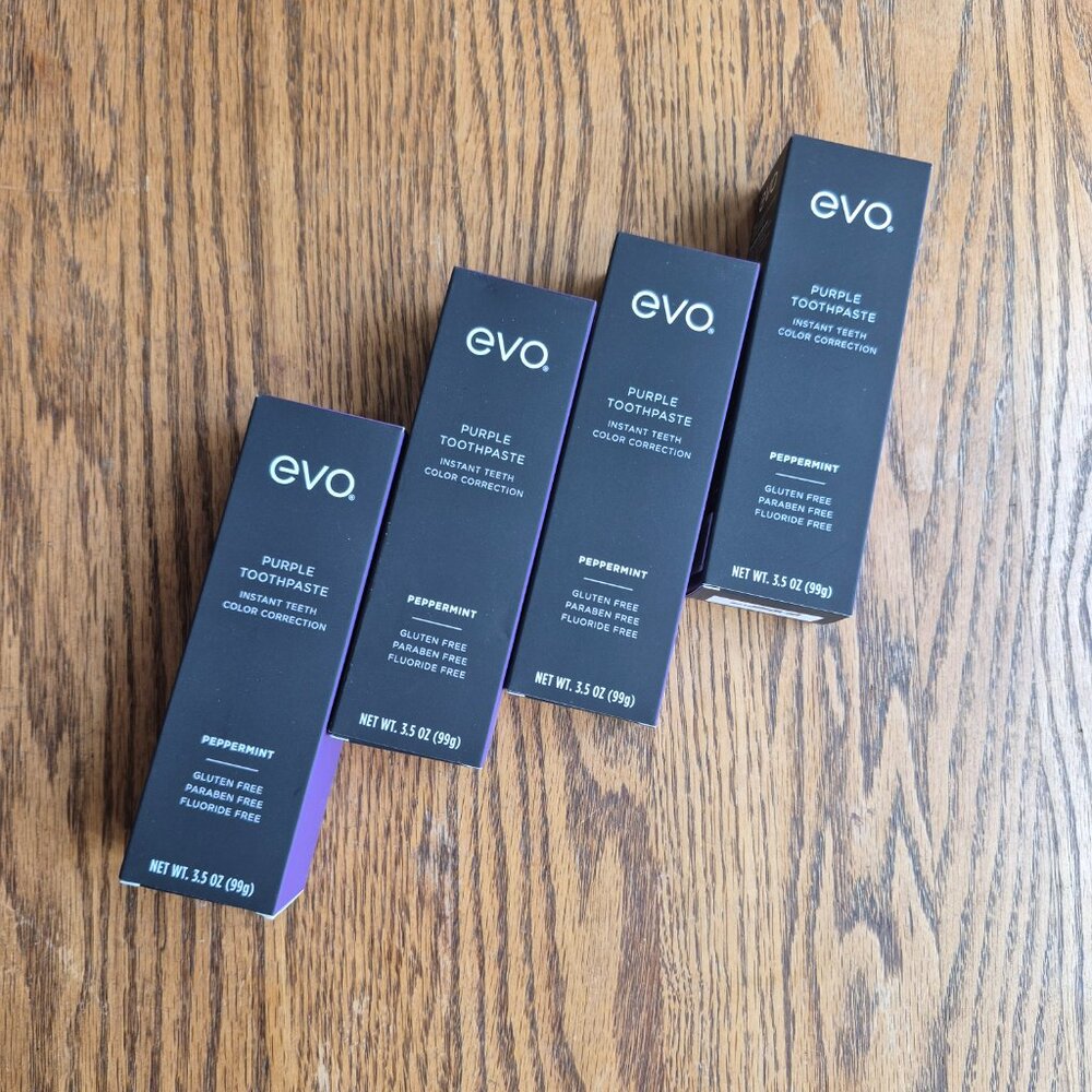 Lot of 4 Evo Purple Peppermint Instant Color Correction Toothpaste 3.5 oz 3/2027